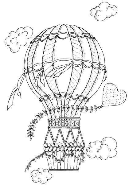 Black and white air balloon and doodle heart. Zentangle inspired pattern with aerostat for coloring book for adults and kids. — Stock Vector