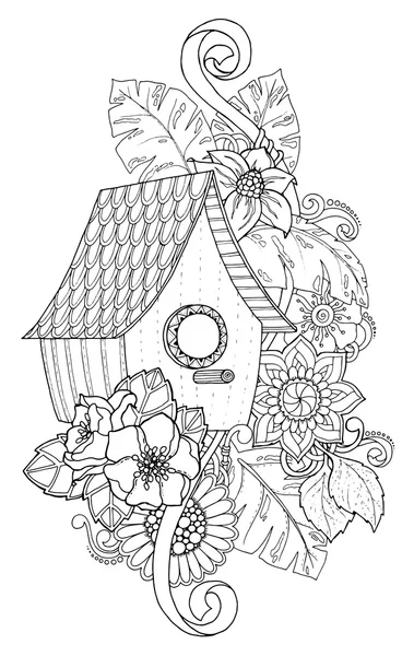 Handgezeichnete Umrisse Nistkasten mit floralen Ornamenten verziert. zentangle inspirierte Muster für Malbuch-Seiten — Stockvektor