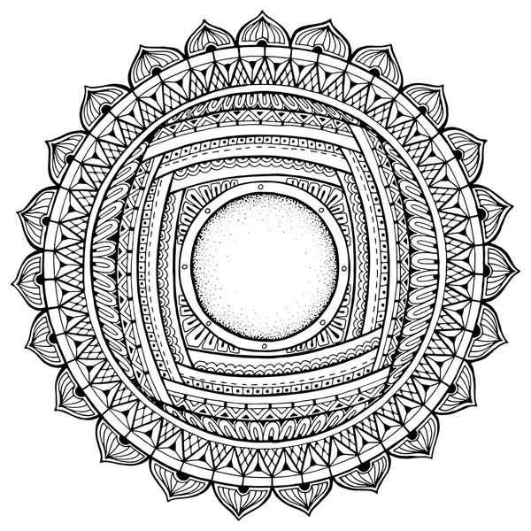 Mandala téma. Květinový věnec vzor tečky, linky a květiny. Černá a bílá kruh květinový ornament. Květinové mandaly. — Stockový vektor