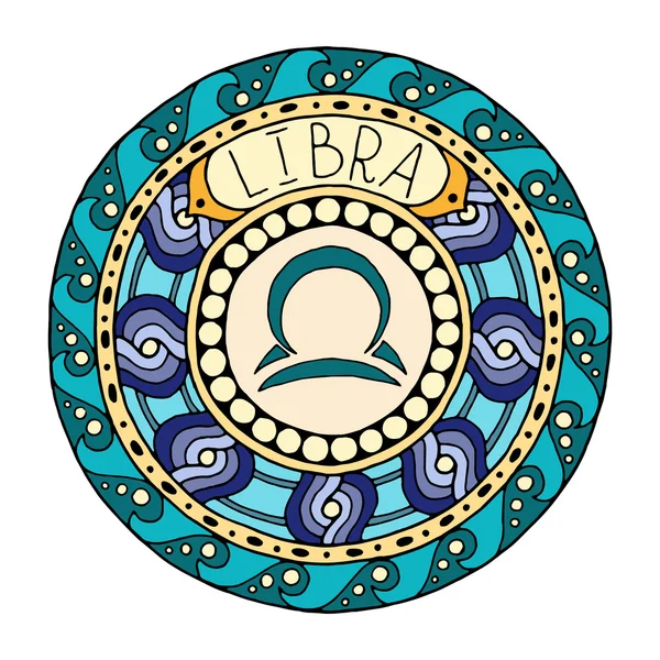Mandala avec libra signe du zodiaque. Symbole d'horoscope de mandala tribal dessiné à la main pour l'art du tatouage, la conception de médias imprimés, les autocollants, etc. . — Image vectorielle