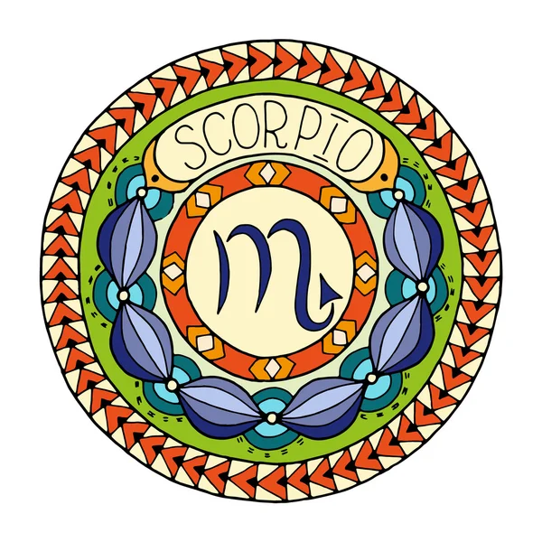 Mandala with scorpio zodiac sign. Hand drawn tribal mandala horoscope symbol for tattoo art, printed media design, stickers, etc. — 스톡 벡터