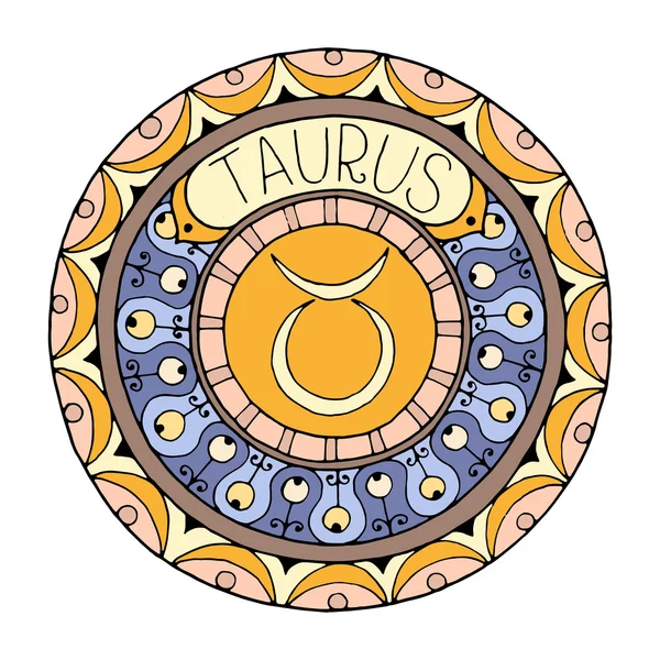 Mandala avec signe du zodiaque du taurus. Symbole d'horoscope de mandala tribal dessiné à la main pour l'art du tatouage, la conception de médias imprimés, les autocollants, etc. . — Image vectorielle