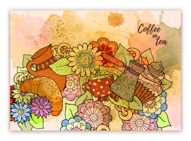 Çay ve kahve el suluboya sıçrama ile çizilmiş desen. Menü, site, kafe, restoran, çay evi için arka plan elemanı.