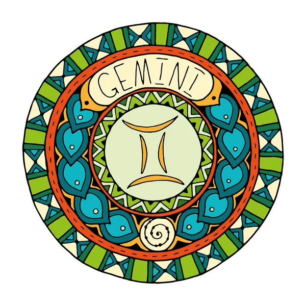 Mandala z Gemini znak zodiaku. Ręcznie rysowane Tribal Mandala horoskop symbol sztuki tatuażu, projekt nośnika drukowanych, naklejki, itp. — Wektor stockowy