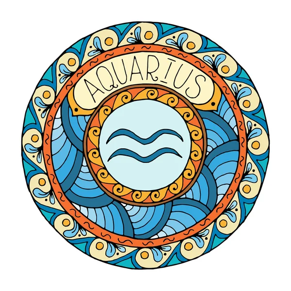 Mandala avec signe du zodiaque aquarius. Horoscope à mandala tribal dessiné à la main symbole pour l'art du tatouage, conception de médias imprimés, autocollants . — Image vectorielle