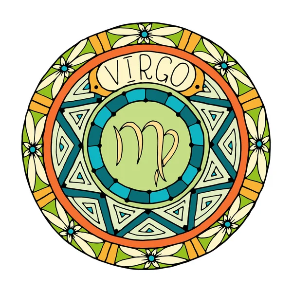 Mandala z Virgo znak zodiaku. Ręcznie rysowane Tribal Mandala horoskop symbol sztuki tatuażu, projekt nośnika drukowanych, naklejki, itp. — Wektor stockowy