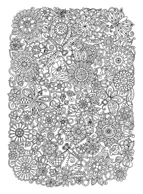 Etnik çiçek zentangle, vektör karalama arka plan desen daire. Çiçekler, yusufçuk ve kelebek tasarım kabile tasarımı.