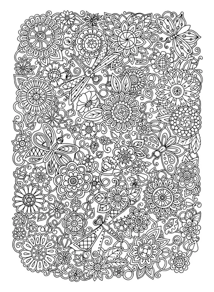 Etnik çiçek zentangle, vektör karalama arka plan desen daire. Çiçekler, yusufçuk ve kelebek tasarım kabile tasarımı. — Stok Vektör