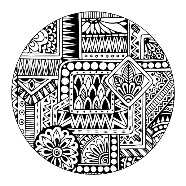 Ethnic tribal pattern in circle. Black and white mosaic mandala. Abstract vector background. Striped geometric tribal pattern. — Stock Vector
