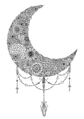 Hand drawn moon with flowers, mandalas and paisley. Black and white floral pattern. Moon card for the holy month of Ramadan. Vector Illustration. clipart