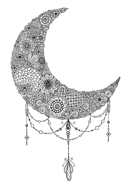 Hand drawn moon with flowers, mandalas and paisley. Black and white floral pattern. Moon card for the holy month of Ramadan. Vector Illustration. — Stock Vector