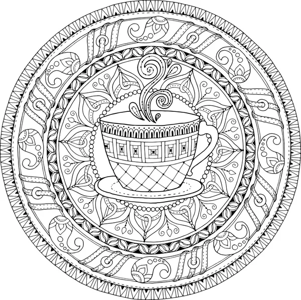 Tema de té y café. Círculo adorno garabato tribal con taza de café. Mandala arte dibujado a mano. Fondo étnico blanco y negro. Patrón de Zentangle para colorear libro para adultos y niños . — Vector de stock