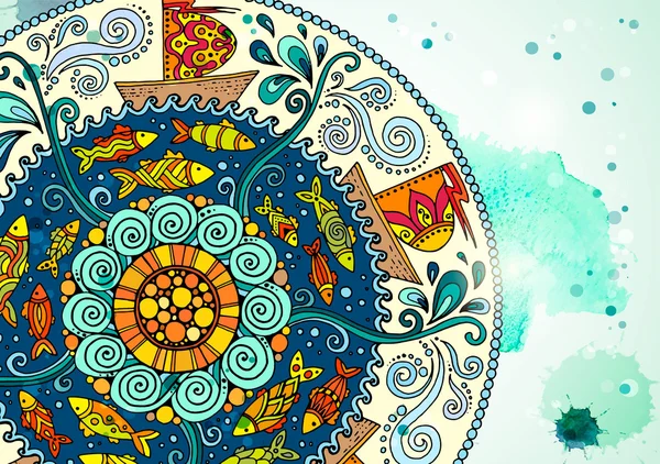 Vector template poster with watercolor paint and ethnic sea mandala. Pattern with decorative ornament, doodle fishes, waves, wind and ships. Abstract aquarelle background for flyers, posters or menu. — Stock vektor