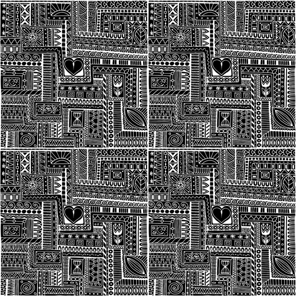 Bezešvé asijské etnické květinový retro doodle monochrom vzorek pozadí ve vektoru. Henna paisley mehndi čmáranice kmenové černé a bílé návrhový vzor — Stockový vektor