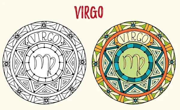 Zodiac tecknar tema. Svartvita och färgade mandalor med virgo zodiac tecken. Zentangle Mandala. Handritad Mandala zodiac för tatuering konst, tryckt media design, klistermärken, målarbok sidor. — Stock vektor