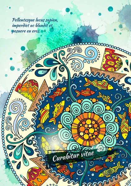 Vector template poster with watercolor paint and ethnic sea mandala. Pattern with decorative ornament, doodle fishes, waves, wind and ships. Abstract aquarelle background for flyers, posters or menu. — Stock vektor