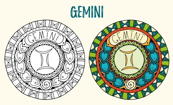 Segni zodiacali tema. Mandala in bianco e nero e colorati con segno zodiacale gemelli. Mandala di Zentangle. Zodiaco mandala disegnato a mano per arte del tatuaggio, disegno di supporti stampati, adesivi, pagine di libri da colorare . — Vettoriale Stock