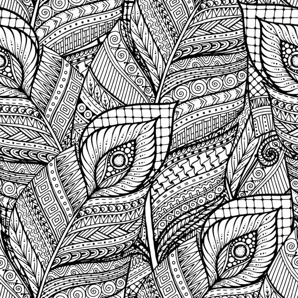 Sem costura asiático étnico floral retro doodle preto e branco fundo padrão em vetor com penas . — Vetor de Stock