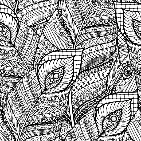 Sem costura asiático étnico floral retro doodle preto e branco fundo padrão em vetor com penas . —  Vetores de Stock