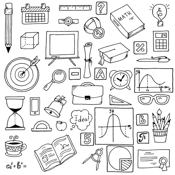 Illustratie van pictogrammen op een thema van de wiskunde. Hand getrokken school items. Vectorillustratie. Wiskundige achtergrond. — Stockvector