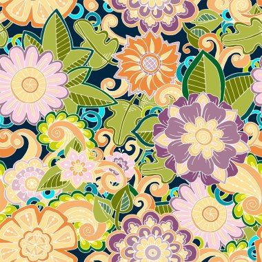 Çiçeklerle renkli dikişsiz el çizilmiş desenler. Süslü patter