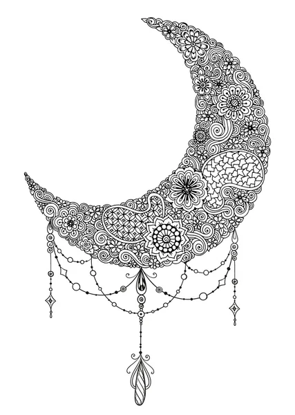 Lune dessinée à la main avec fleurs, mandalas et paisley. Noir et wh — Image vectorielle