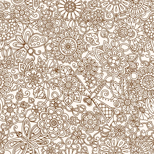 与鲜花无缝模式。华丽的 zentangle 纹理，无穷无尽的 — 图库矢量图片