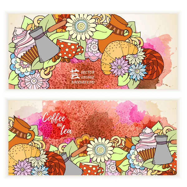 Breakfast banners. Tea and coffee  pattern. Card background for — Stock Vector