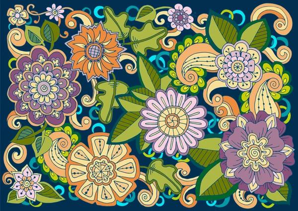 花卡。彩色手绘图案与花。涂鸦百科 — 图库矢量图片