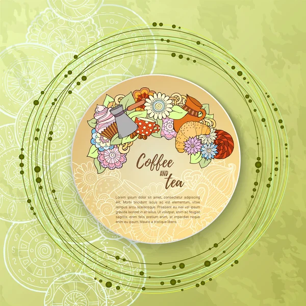 Patrón con café cezve, dulces y flores. Té y café ha — Vector de stock