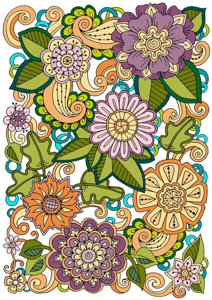 Colored hand drawn pattern with flowers. Zentangle inspired patt — Stock Vector