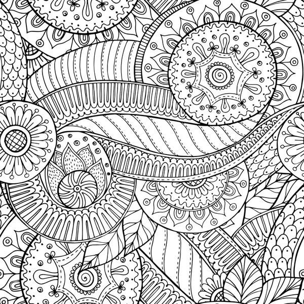 Seamless  floral retro doodle black and white pattern in vector. — Stock Vector