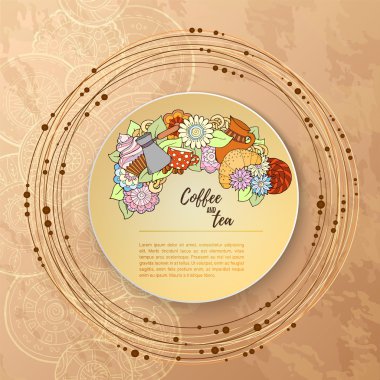 Kahvaltı teması. Çay bardağı, tatlılar ve çiçekler ile Desen. Çay bir