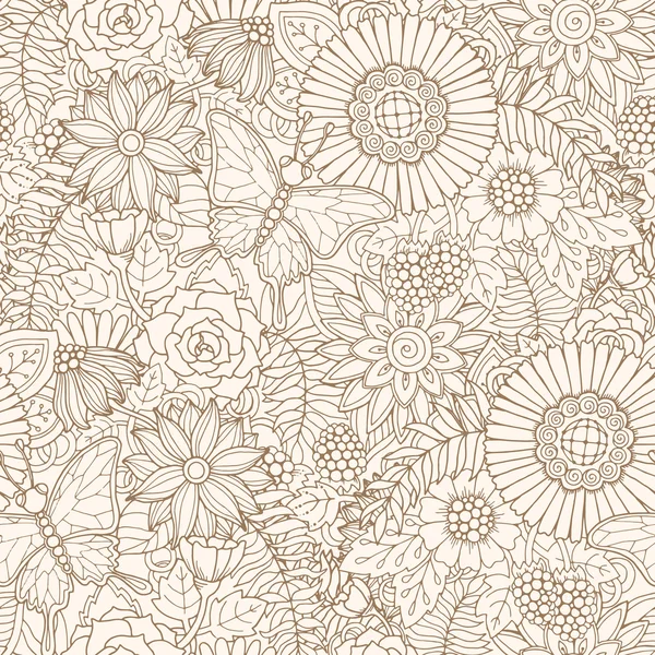 Seamless pattern with flowers and butterfly. Ornate zentangle se — Stock vektor