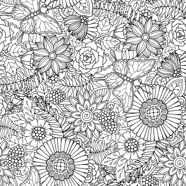 Seamless pattern with flowers and butterfly. Ornate zentangle se — Stock vektor