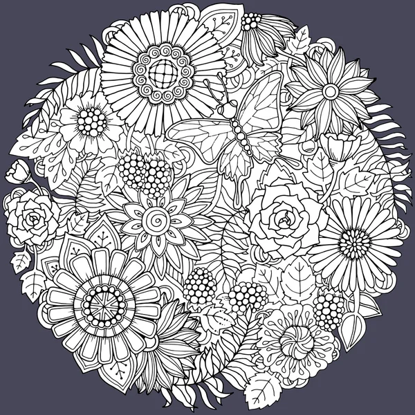 Cirkel zomer doodle bloem ornament met vlinder. Hand getekende — Stockvector