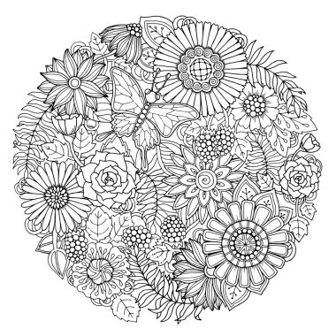 Daire yaz doodle çiçek süsleme ile kelebek. Çizilmiş sanat çiçek mandala ver. Siyah ve beyaz arka plan. Yetişkinler ve çocuklar için boyama kitabı sayfaları için ilham desen Zentangle.