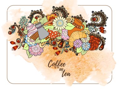 Kahvaltı teması. Çay bardağı, tatlılar ve çiçekler ile Desen. Çay ve kahve el suluboya sıçrama ile çizilmiş desen. Menü, site, kafe, restoran, çay evi için arka plan elemanı.