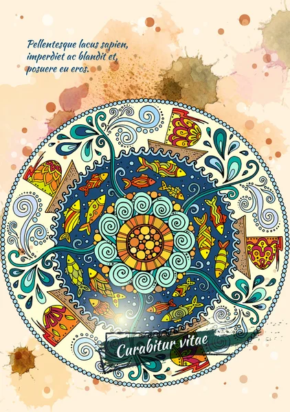 Vector template poster with watercolor paint and ethnic sea mandala. Pattern with decorative ornament, doodle fishes, waves, wind and ships. Abstract aquarelle background for flyers, posters or menu. — Stock Vector