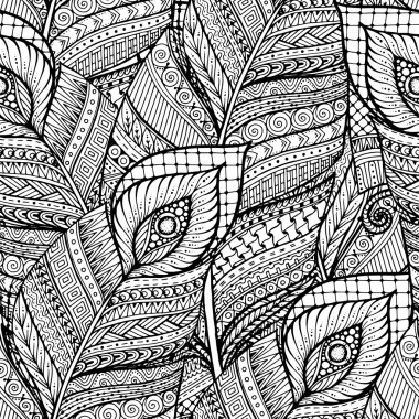 Sorunsuz Asya etnik çiçek retro doodle siyah ve beyaz arka plan deseni eşarplı vektör.