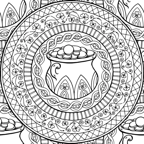 San Patricks Day Theme mandala con pote irlandés, monedas de oro con trébol. Negro, patrón blanco . — Vector de stock