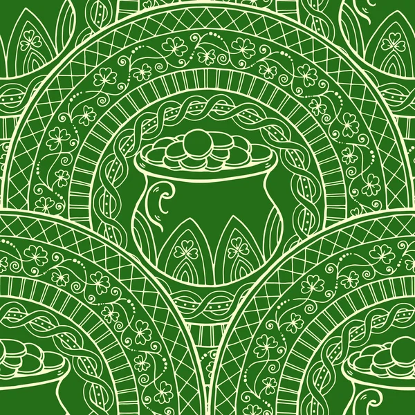 Het thema van de dag van Saint Patricks mandala met Ierse pot, gouden munten met klaver. Zwart, wit patroon. — Stockvector
