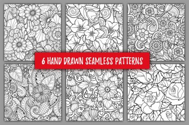 Stilize çiçekler ile dikişsiz desenler ayarlayın. Süslü zentangle dikişsiz dokular, soyut çiçekler ile desenler. Çiçek desenleri duvar kağıdı, desen dolgular, web sayfası arka plan için kullanılabilir.