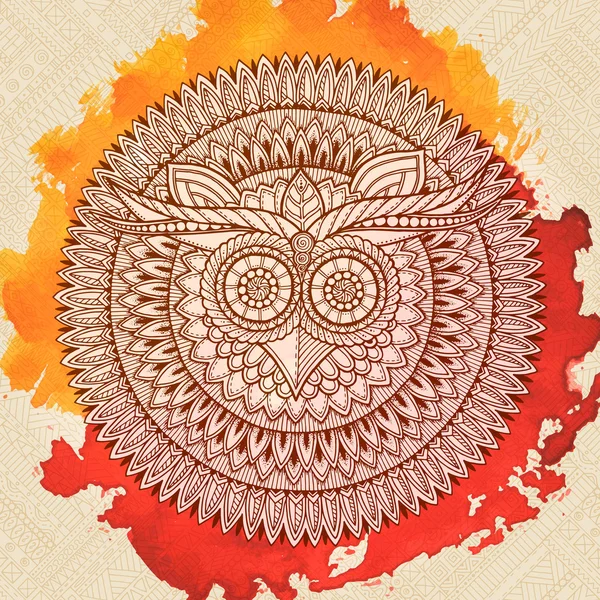 Temat fåglar i mandala. Uggla vit mandala med abstrakt etniska aztec prydnad mönster på färgstark akvarell bakgrunden. Owl banner. Uggla tatuering. Zentangle inspirerad. Stiliserade etniska Uggla. — Stock vektor