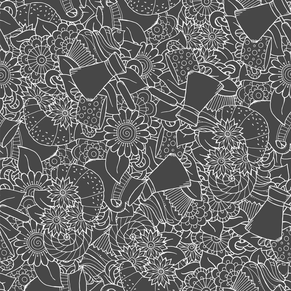 Seamless tea and coffee doodle pattern with paisley and flowers. Ethnic zentangle pattern template can be used for menu, wallpaper, pattern fills. Hand Drawn. Monochrome pattern. — Stock Vector