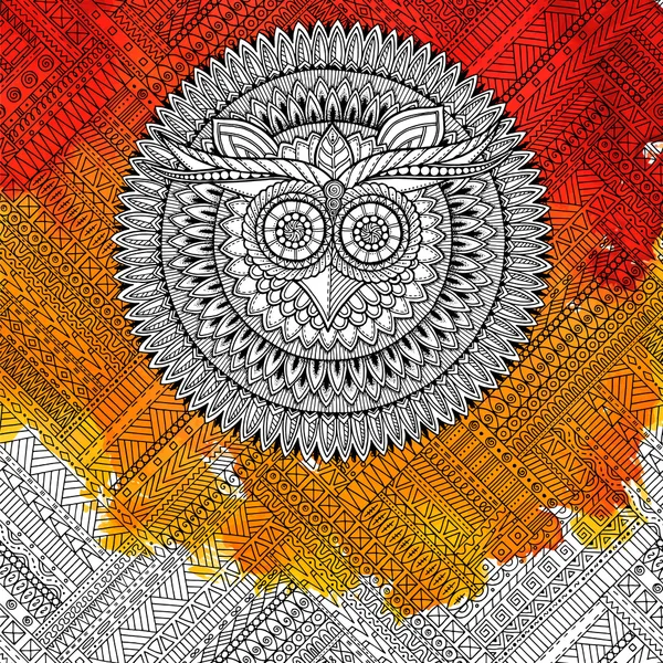 Vögel Mandala Thema. Eule weißes Mandala mit abstrakten aztekischen Ornamenten auf buntem Aquarell-Hintergrund. Eulenbanner. Eule-Tätowierung. Zentangle inspiriert. stilisierte ethnische Eule. — Stockvektor