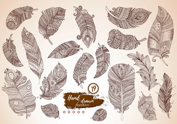 Artistically drawn, stylized, vector set of boho feathers on a white background. Vintage tribal feather. Illustration is created from a personal sketch by trace. Series of doodle feather. — Stock Vector