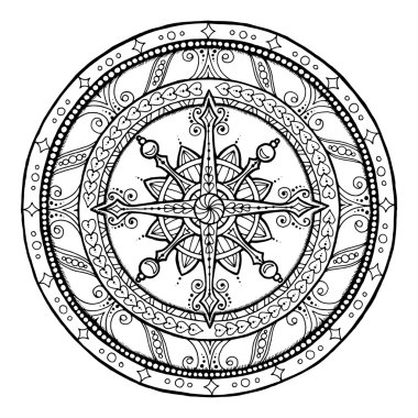 Noel tema. Kar tanesi üzerinde etnik daire süsleme doodle. Çizilmiş sanat kış mandala ver. Siyah ve beyaz etnik köken. Yetişkinler ve çocuklar için boyama kitabı için Zentangle desen.