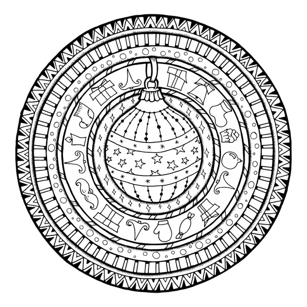 Tema de Anul Nou. Doodle mingea de Crăciun pe ornament cerc etnic. Artă desenată manual mandala de iarnă. Fundal etnic alb-negru. Zentangle model pentru carte de colorat pentru adulți și copii . — Vector de stoc
