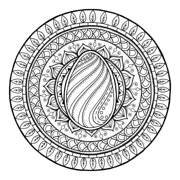 Pasen thema. Cirkel tribal doodle ornament met ei. Hand getrokken kunst mandala. Zwart-wit etnische achtergrond. Zentangle patroon van kleuren boek voor volwassenen en kinderen. — Stockvector